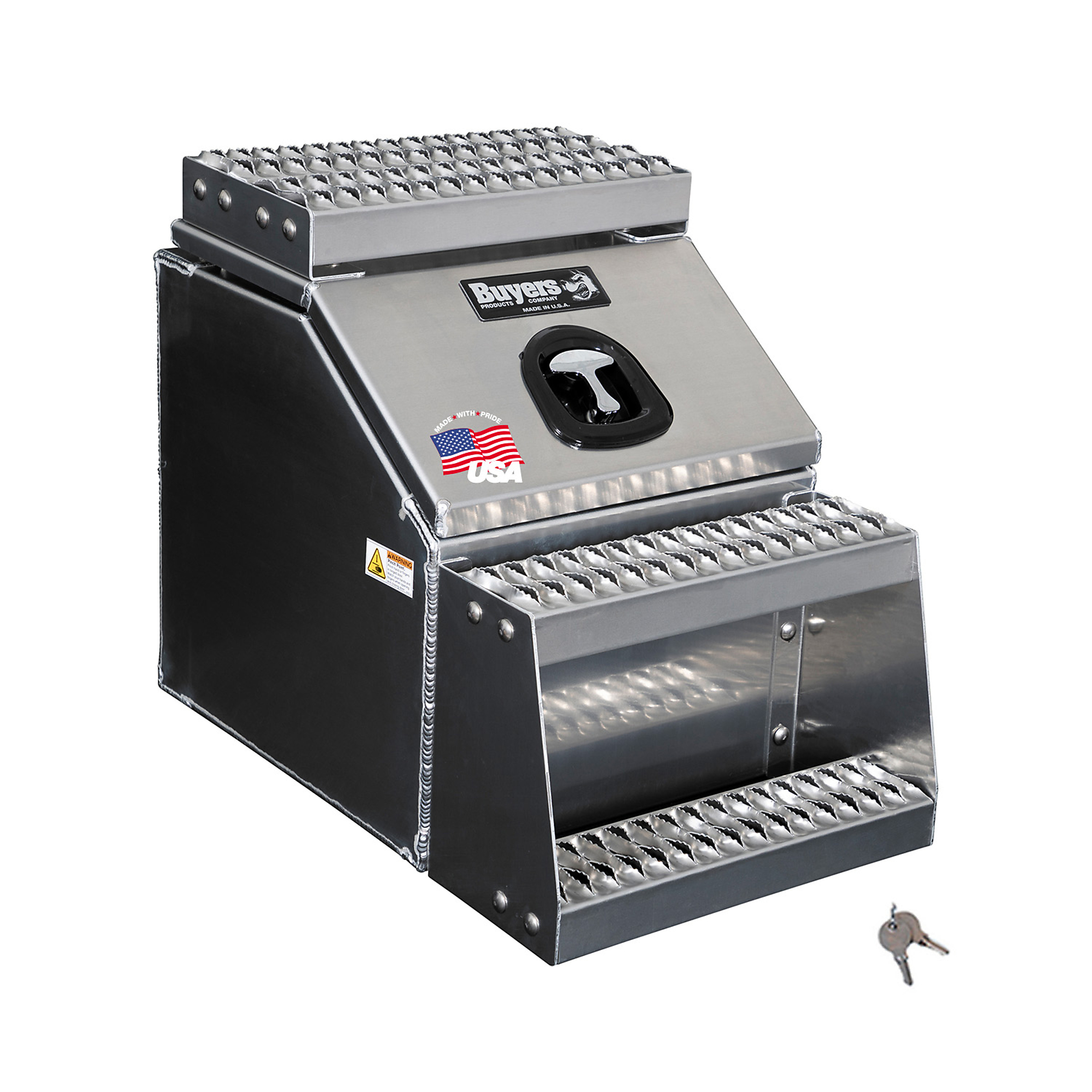 Buyers Products, 18in. Wide Saddle Side Step Semi Truck Tool Job Storage Box, Width 18 in, Material Aluminum, Color Finish Diamond Plate Silver, Model# 1705281